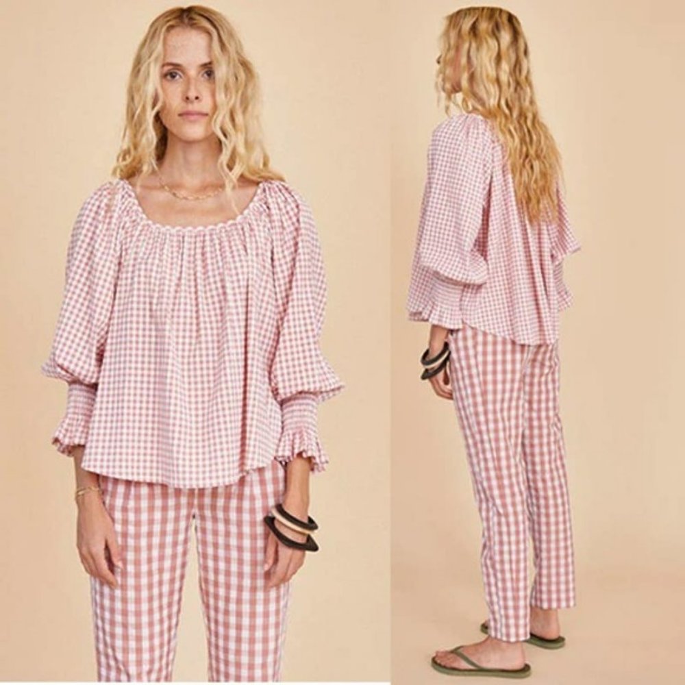 Hunter Bell Rosette Check Lucia Scoop Neck Blouse Women's Pink Size: Medium